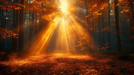 sun rays in the forest,  Enchanting sun rays falling through the mist in a golden forest in autumn. The beauty of nature in vibrant warm forest , Ai generated image