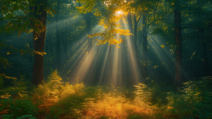 misty forest in the morning,  Enchanting sun rays falling through the mist in a golden forest in...