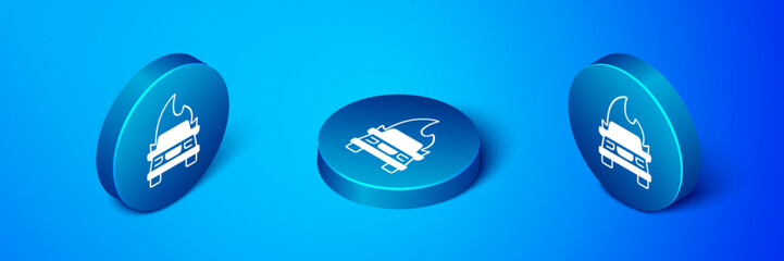 Isometric Burning car icon isolated on blue background. Insurance concept. Car on fire. Broken auto covered with fire and smoke. Blue circle button. Vector