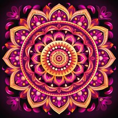 Mandala isolated on dark purple background. Beautiful Rangoli floral design for Onam. Oriental Indian style. Ornament for print, card, paper, textile. Yoga and meditation concept