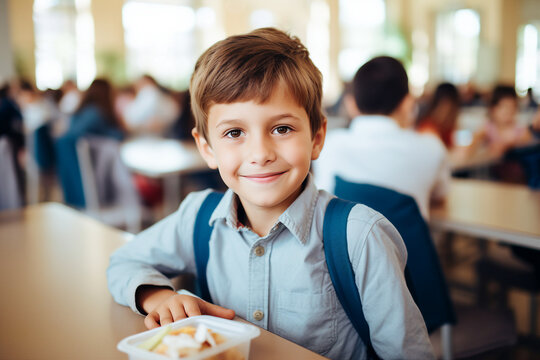 Generative AI picture of school child eating lunch at school canteen