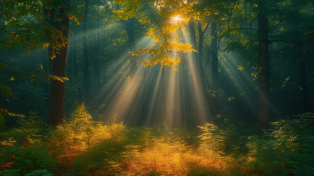 misty forest in the morning,  Enchanting sun rays falling through the mist in a golden forest in autumn. The beauty of nature in vibrant warm forest , Ai generated image