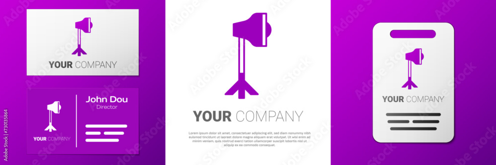 Poster logotype studio light bulb in softbox icon isolated on white background. shadow reflection design. l