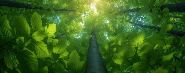 Sunlight through the trees, Sun rays through the forest, Looking up at the green tops of trees Ai...