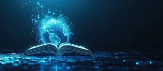 Futuristic global education with open book and planet map on blue background. AI generated image - obrazy, fototapety, plakaty