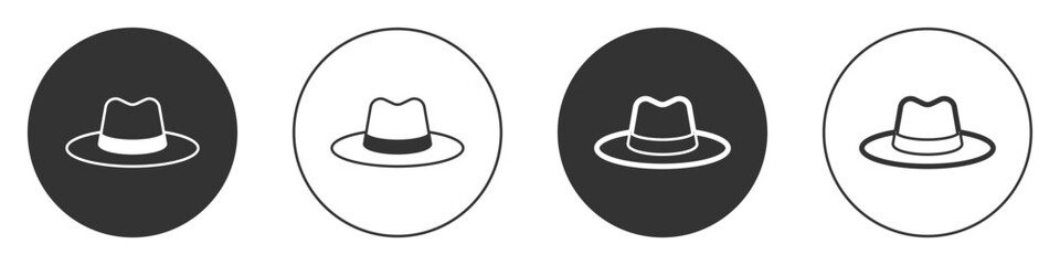 Black Man hat with ribbon icon isolated on white background. Circle button. Vector