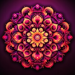 Fototapeta na wymiar Mandala isolated on dark purple background. Beautiful Rangoli floral design for Onam. Oriental Indian style. Ornament for print, card, paper, textile. Yoga and meditation concept