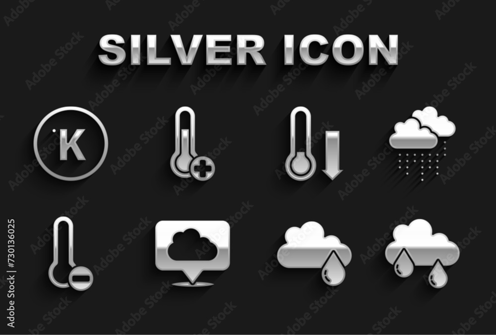 Poster Set Location cloud, Cloud with rain, Meteorology thermometer, Kelvin and icon. Vector