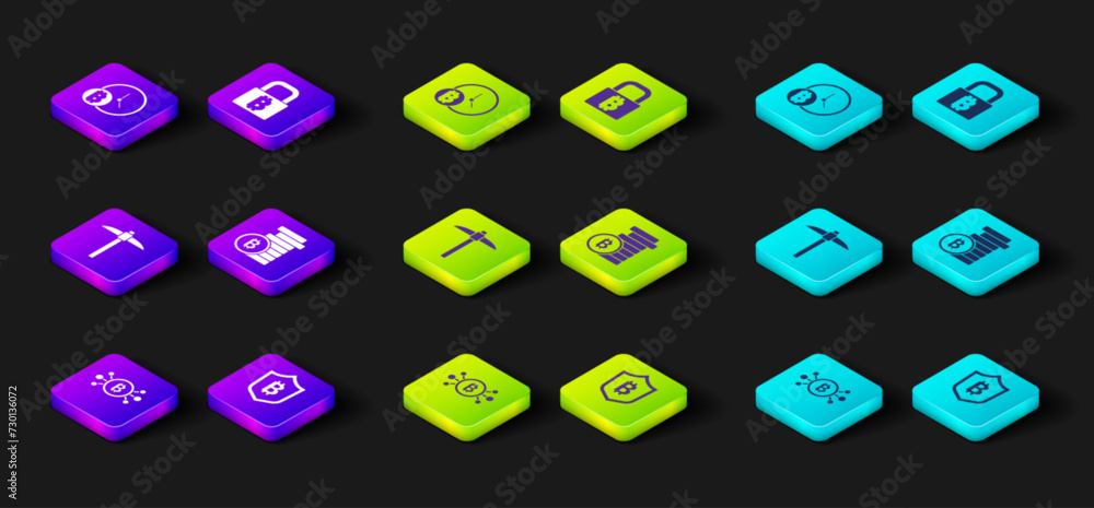 Aufkleber set bitcoin in circuit, shield with bitcoin, pickaxe, lock and clock icon. vector