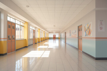 Generative ai made picture of illuminated school hallway with furniture and modern interior