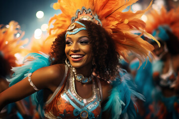 A woman dressed in a vibrant carnival costume adorned with colorful feathers