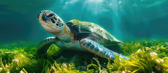 Muurstickers Green sea turtle submerged in sea grass bed, gazing upward with sunlight filtering through shallow water. © 2rogan