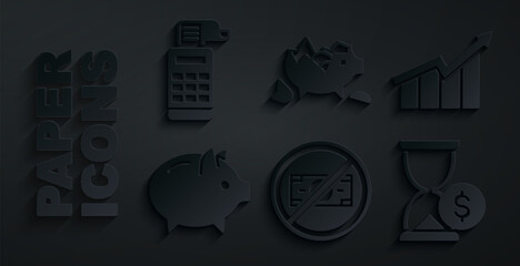 Set No money, Financial growth increase, Piggy bank, Hourglass with dollar, Broken piggy and Cash register machine icon. Vector - obrazy, fototapety, plakaty