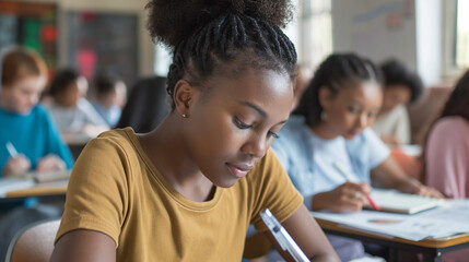 Garota jovem afro estudando na escola