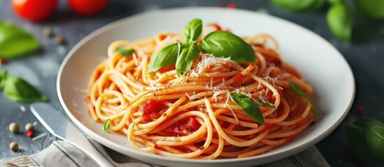 Tasty spaghetti food with tomato sauce and fresh basil on white plate. AI generated image - obrazy, fototapety, plakaty