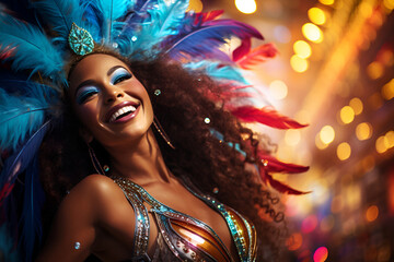 Young woman in a carnival costume adorned with feathers, enjoying herself at the holiday festivities