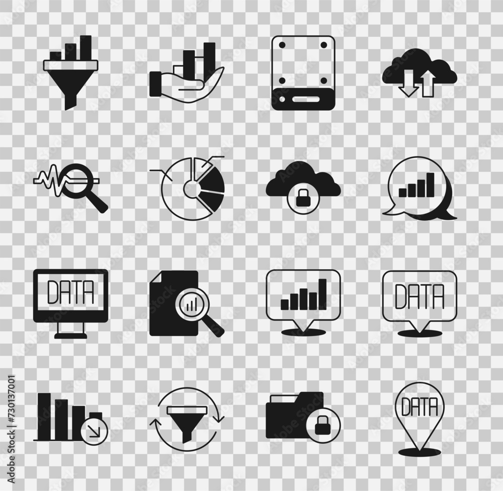 Poster set data analysis, pie chart infographic, server, search data, sales funnel with and cloud computing