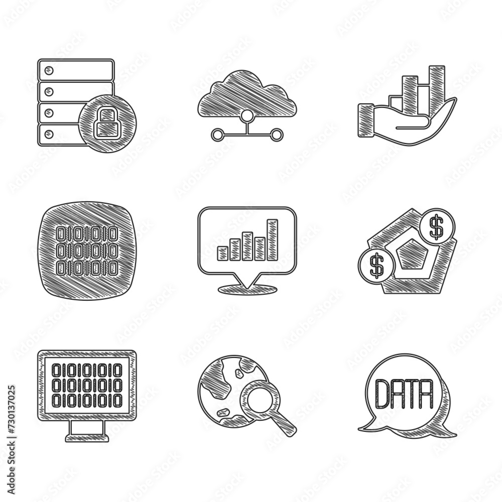 Poster set pie chart infographic, search globe, data analysis, financial growth, binary code, and server se