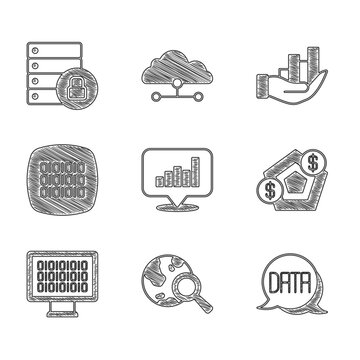 Set Pie chart infographic, Search globe, Data analysis, Financial growth, Binary code, and Server security with padlock icon. Vector