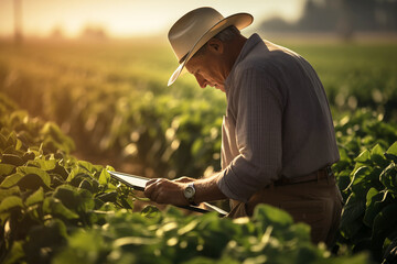 Naklejka na ściany i meble Portrait of confident senior farmer using tablet computer while standing on field