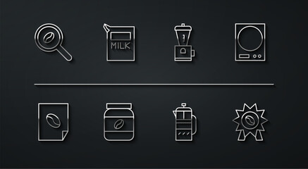 Set line Selection coffee beans, Coffee poster, Electronic scales, French press, jar bottle, Paper package for milk, Medal and Electric grinder icon. Vector