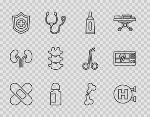 Set line Crossed bandage plaster, Hospital signboard, Ointment cream tube medicine, Eye drop bottle, Life insurance hand, Human spine, broken bone and Monitor with cardiogram icon. Vector
