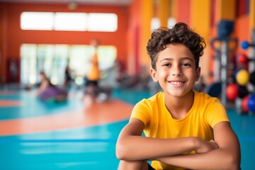 Naklejka premium Fitness, gym and happy indian child boy personal trainer ready for workout coaching