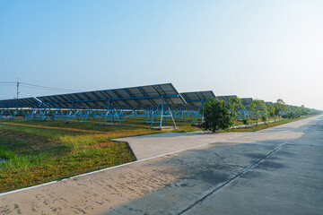 Solar Photovoltaic of solar farm view, solar plant rows array of on the water mount system Installation in earthen pond, water storage. Floating solar or floating photovoltaics (FPV)	
