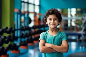 Fitness, gym and happy indian child boy personal trainer ready for workout coaching