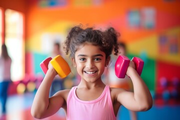 Fitness, gym and happy indian child girl personal trainer ready for workout coaching