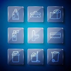Set line Trash can, Mop and bucket, Toilet paper roll, bowl, Air freshener spray bottle, Bottle for cleaning agent and Sponge icon. Vector