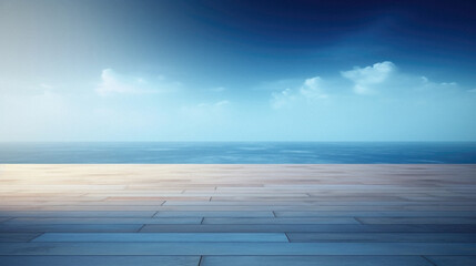Fototapeta na wymiar Wooden floor and seascape with blue sky and clouds background.