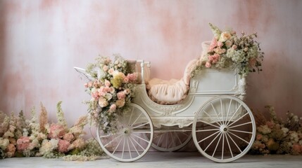 Fototapeta na wymiar Vintage Elegance: Old Pink Car Surrounded by Pink Flowers in a Studio Setting 