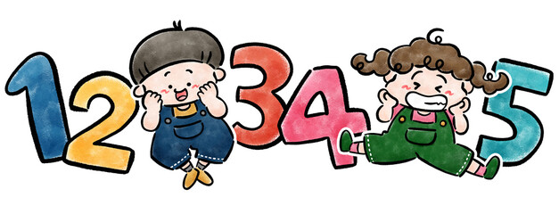 数字と子どものかわいい手描きイラスト素材