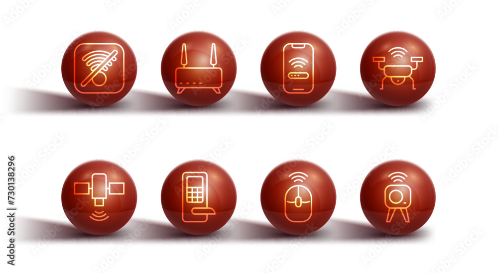 Poster set line no wi-fi wireless internet, satellite, smart drone system, wireless computer mouse, digital