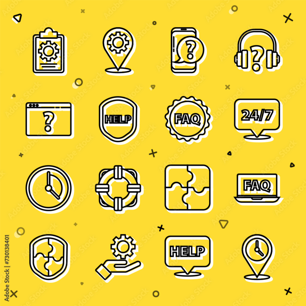 Poster set line location with clock, laptop and faq, clock 24 hours, mobile phone question, shield text hel