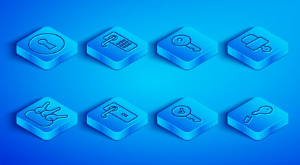 Set line Keyhole, Digital door lock, Undefined key, Door handle, Lock, Bunch of keys and Broken icon. Vector