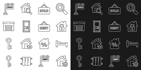 Set line House under protection, Bed, Hanging sign with text Sold, Closed door, Garage, and Rent icon. Vector