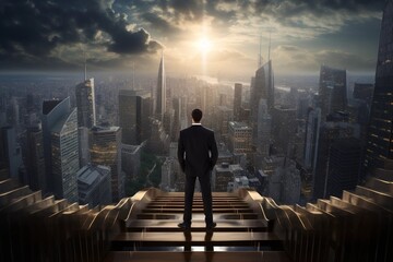 A man in a business suit against the backdrop of a metropolis. A businessman stands on a hill and looks into the future, rear view. Concept: financial success, investment, business. - obrazy, fototapety, plakaty