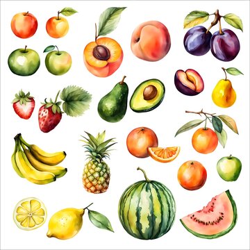 Set of fruits, watercolour clip art collection, isolated hand drawn fruit