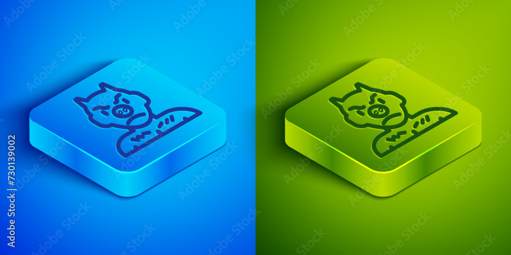 Poster Isometric line Krampus, heck icon isolated on blue and green background. Horned devil. Traditional Christmas devil. Happy Halloween party. Square button. Vector