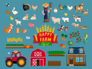Happy Farm. A farmer and his animals and vegetables.
