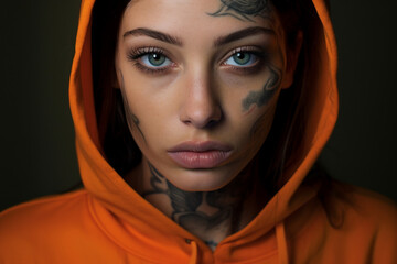 Naklejka premium Generative AI picture restricted freedom concept prisoner in jail orange uniform criminal person