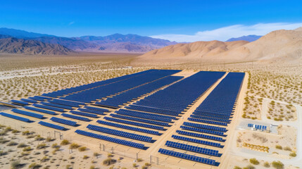 Solar park in desert, sunny weather, aerial view