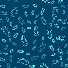Green line Fish icon isolated seamless pattern on blue background. Vector