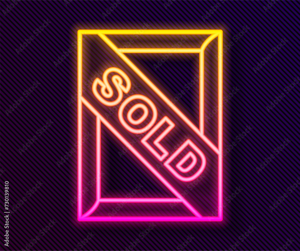 Sticker glowing neon line auction painting sold icon isolated on black background. auction bidding. sale and