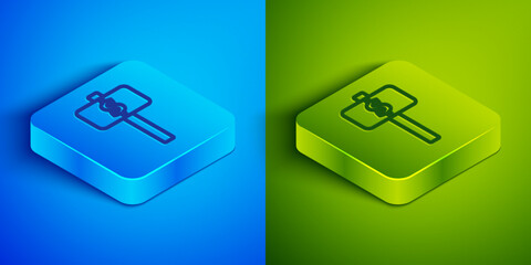 Isometric line Hand holding auction paddle icon isolated on blue and green background. Bidding concept. Auction competition. Hands rising signs with BID inscriptions. Square button. Vector