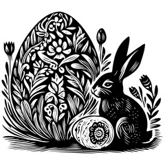 Black and white Easter egg and rabbit vector illustration with floral decoration. 