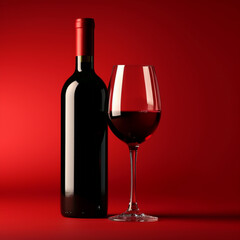 Bottle and glass of red wine on a red background ai technology