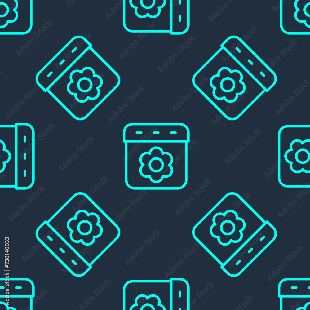 Poster green line calendar spring icon isolated seamless pattern on blue background. event reminder symbol.